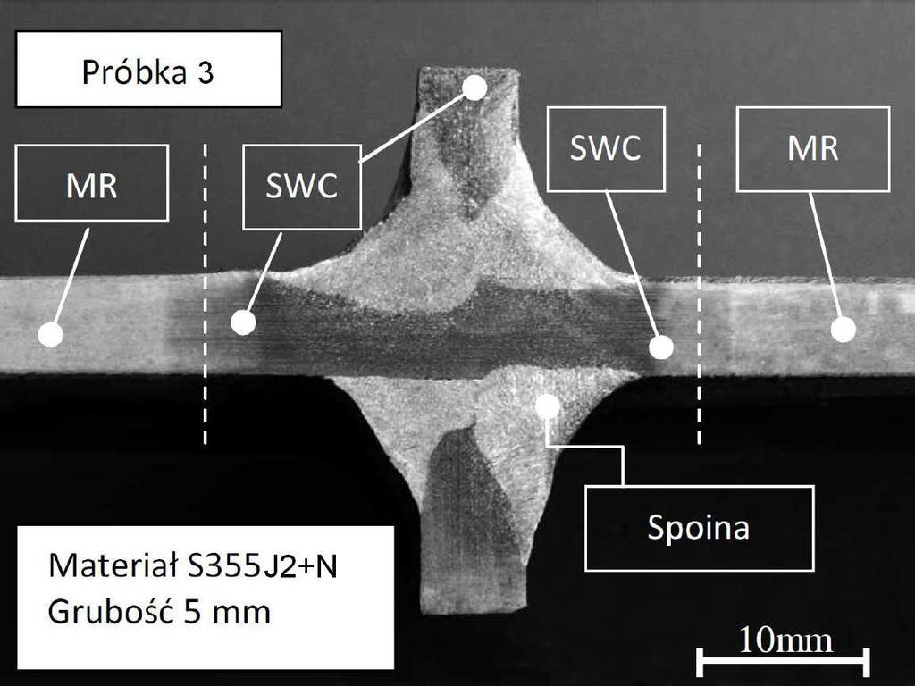 Łukasz Blacha Rys. 4.4. Makrostruktura materiałowa w otoczeniu spoiny, gdzie: MR materiał rodzimy, SWC strefa wpływu ciepła Ocenę budowy złącza przeprowadzono zgodnie z normą PN-EN 1321.