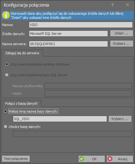 W celu wymiany wszystkich danych należy w oknie KONFIGURACJA POŁĄCZENIA wskazać bazę danych programu Viso.