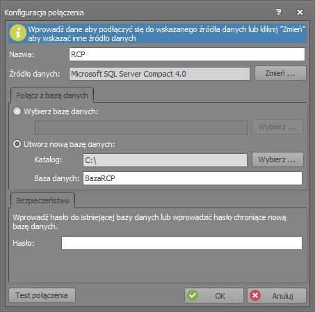 Rysunek 1. Konfiguracja połączenia z bazą danych. Nazwa: Definiuje nazwę bazy danych. Źródło danych: Określa typ bazy danych, do wyboru są typy: Microsoft SQL Server Compact 4.