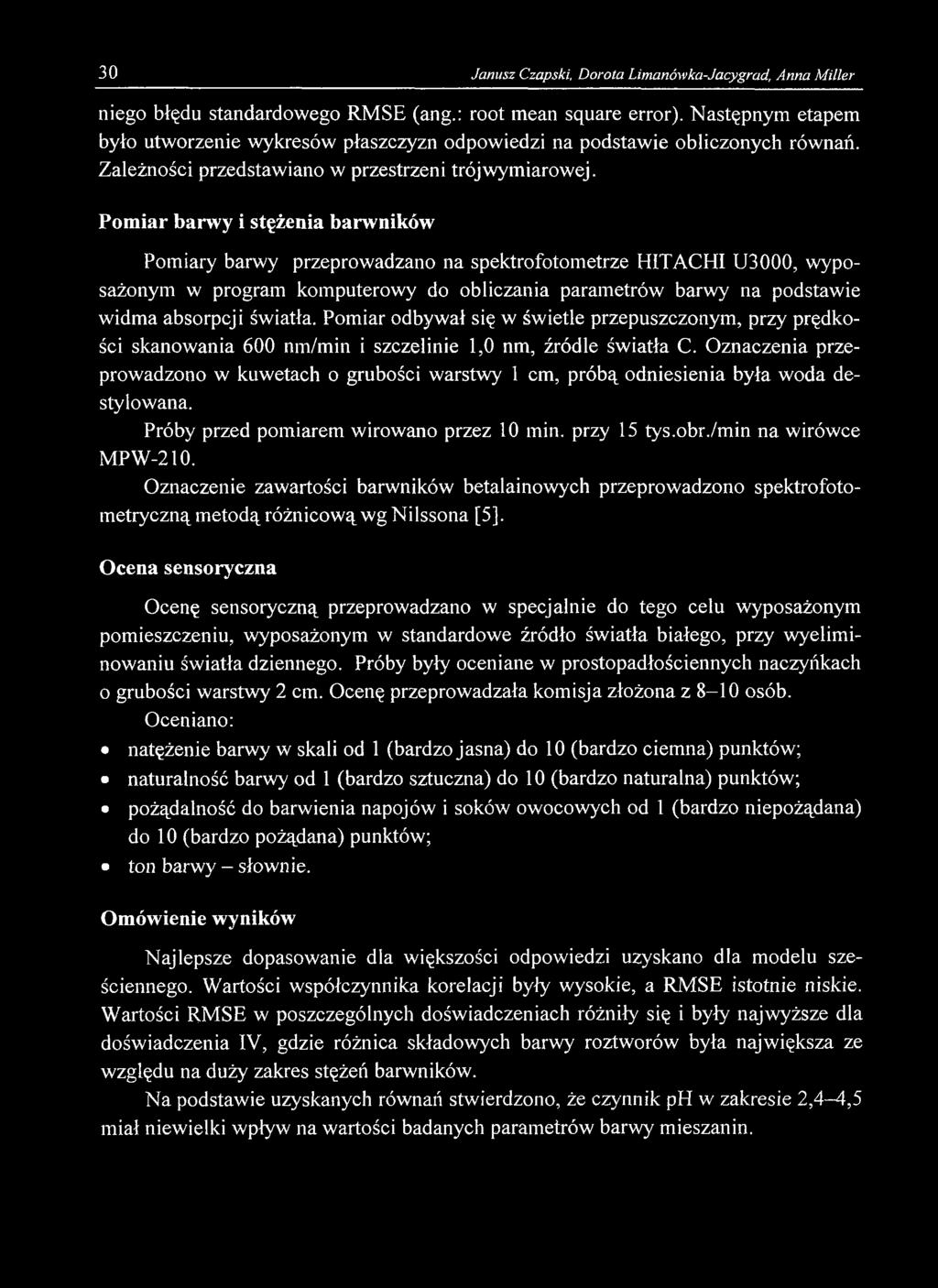 30 Janusz Czapski, Dorota Limanówka-Jacygrad, Anna Miller niego błędu standardowego RMSE (ang.: root mean sąuare error).