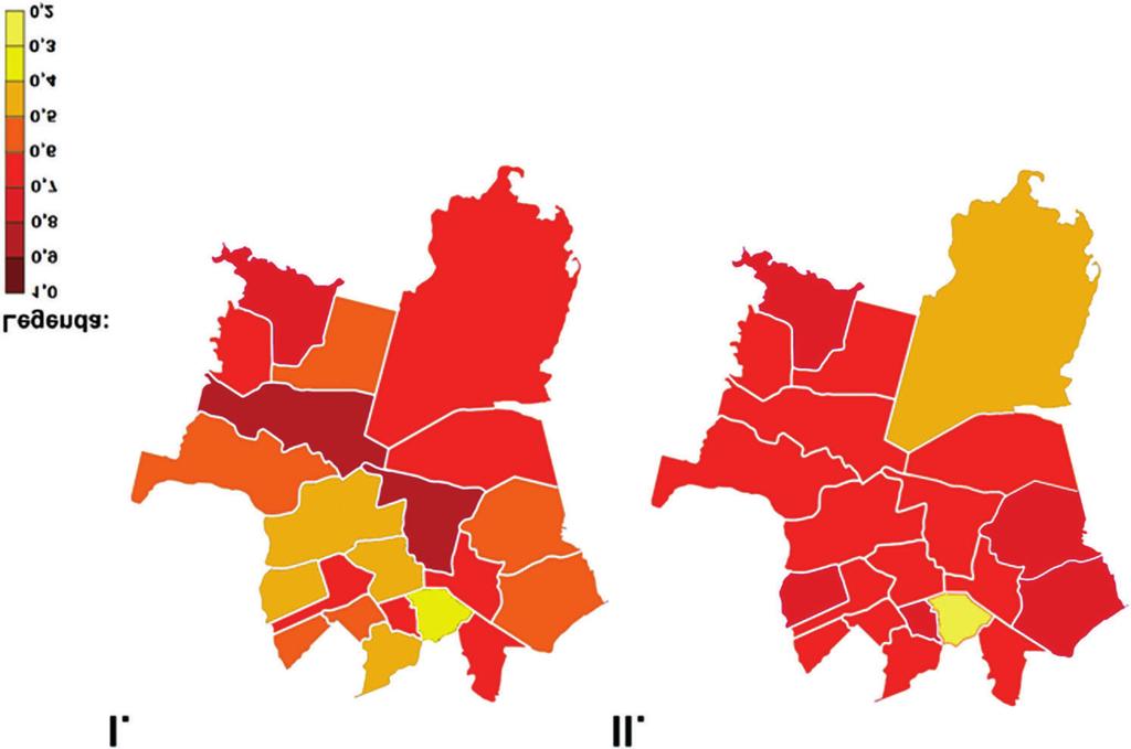 W przypadku osób pochodzenia napływowego zarówno wśród kobiet, jak i mężczyzn najwyższą percepcją tożsamości śląskiej odznaczają się Podlesie (odpowiednio: 0,72 kobiety, 0,73 mężczyźni) (ryc. 3.). Ryc.