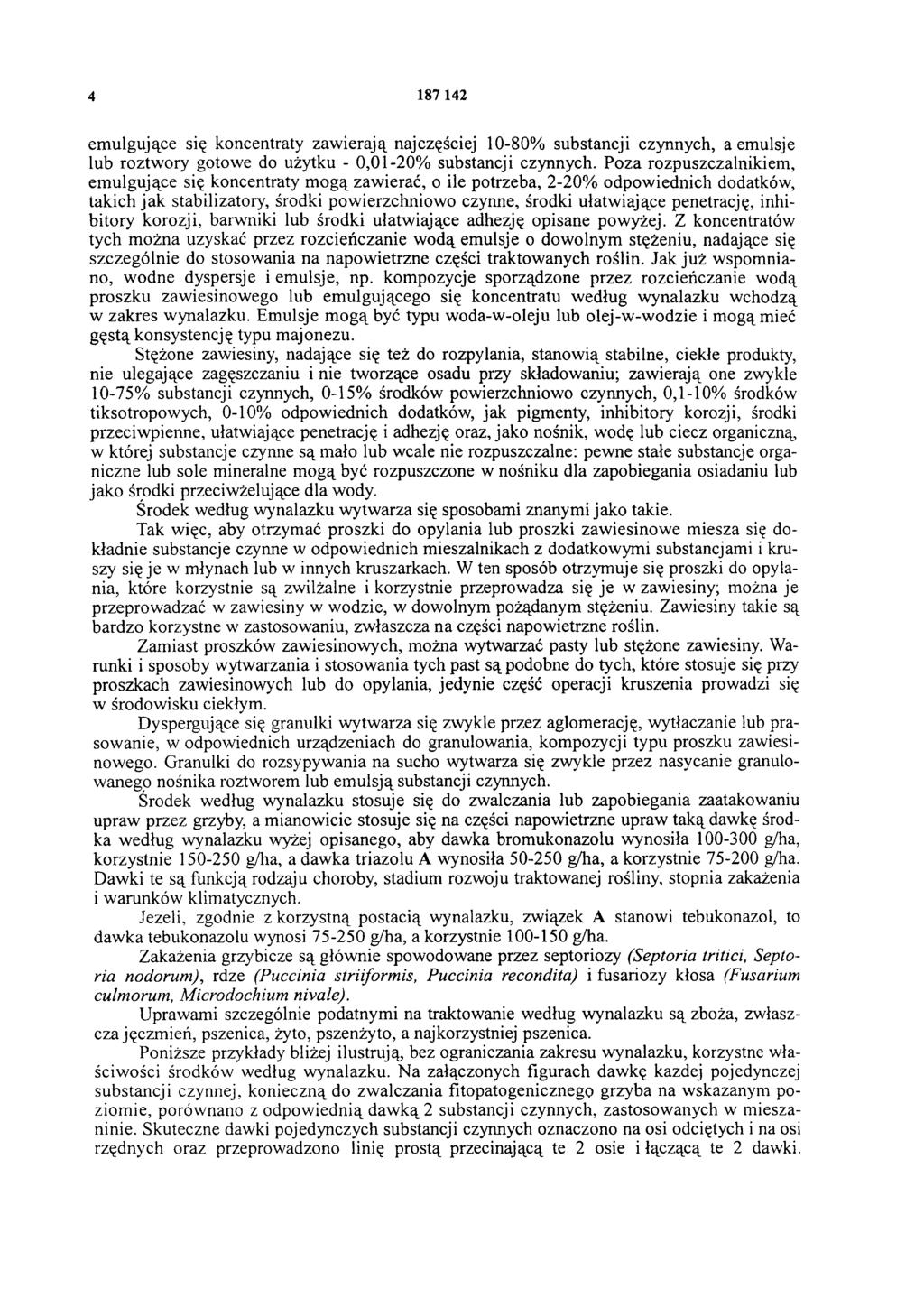4 187 142 emulgujące się koncentraty zawierają najczęściej 10-80% substancji czynnych, a emulsje lub roztwory gotowe do użytku - 0,01-20% substancji czynnych.