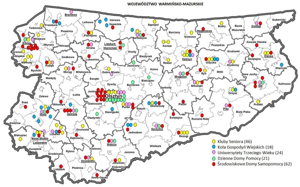 Mapa nr 1. Podmioty aktywizujące osoby starsze oraz zapewniające seniorom dzienne wsparcie według stanu na 31 grudnia 2013 r.