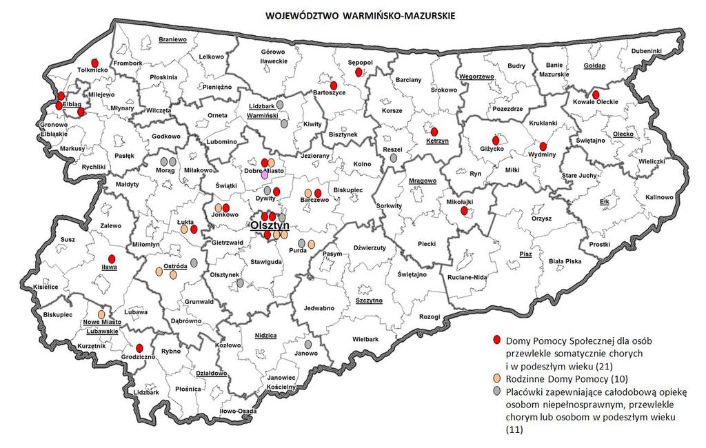 Mapa nr 2. Podmioty zapewniające całodobową opiekę osobom starszym w województwie warmińskomazurskim według stanu na 31 grudnia 2013 r.