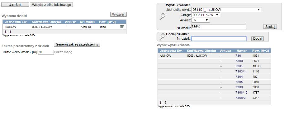 Rys. Wybrana działka ewidencyjna w oknie Lista działek sekcja Wybrane działki Rys. Lokalizacja sekcji Wybrane działki w oknie Lista działek.
