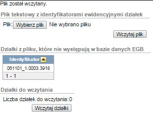 W przypadku, gdy na liście działek znajdzie się działka, która nie ma swojego odpowiednika w bazie opisowej, system daje informację zwrotną, która z działek nie występuje w bazie danych EGB. Rys.