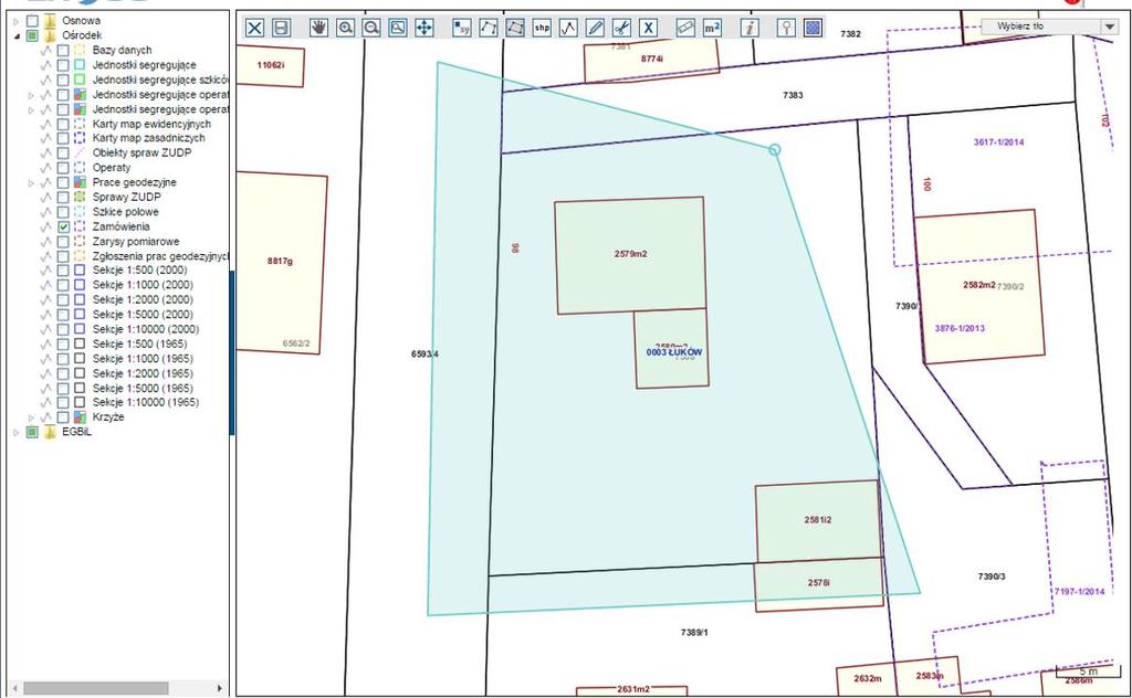 Rys. Okno Mapa podczas rysowania geometrii obszarowej zakresu realizowanego zgłoszenia. System COMARCH ERGO: pozwala na tworzenie wieloobszarowych zakresów przestrzennych zamówień.
