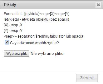 Po wybraniu polecenia [Pikiety] otwiera się okno, w którym wykorzystując przycisk [Wybierz plik] wskazuje się plik tekstowy z listą punktów roboczych. Rys. Okno Pikiety.