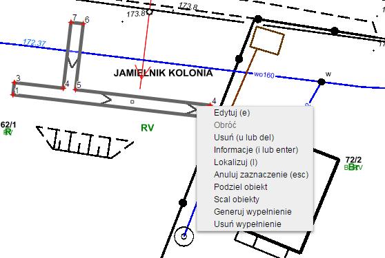 Rys. Podziel obiekt Przeprowadzić linię podziału ( w podanym przykładzie miedzy pikietami 4 i 5), zakończyć podwójnym kliknięciem myszy i zatwierdzić operację wywołując polecenie spod prawego klawisz