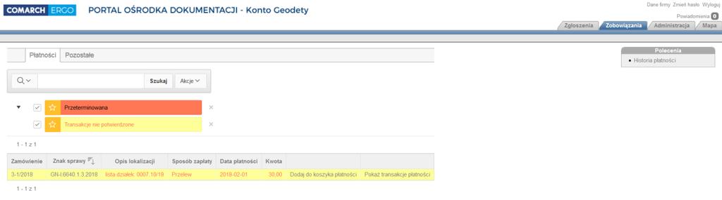 4. Zakładka zobowiązania W zakładce Zobowiązania znajdują się informację dotyczące wszystkich zobowiązań finansowych wykonawcy w stosunku do ośrodka dokumentacji geodezyjnej i kartograficznej.