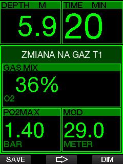 Zanurzanie się poniżej MOD po zmianie gazu Jeśli po przejściu na gaz 2 nurek przypadkowo zejdzie ponownie poniżej MOD dla danej mieszanki, natychmiast wyzwolony zostanie alarm MOD.