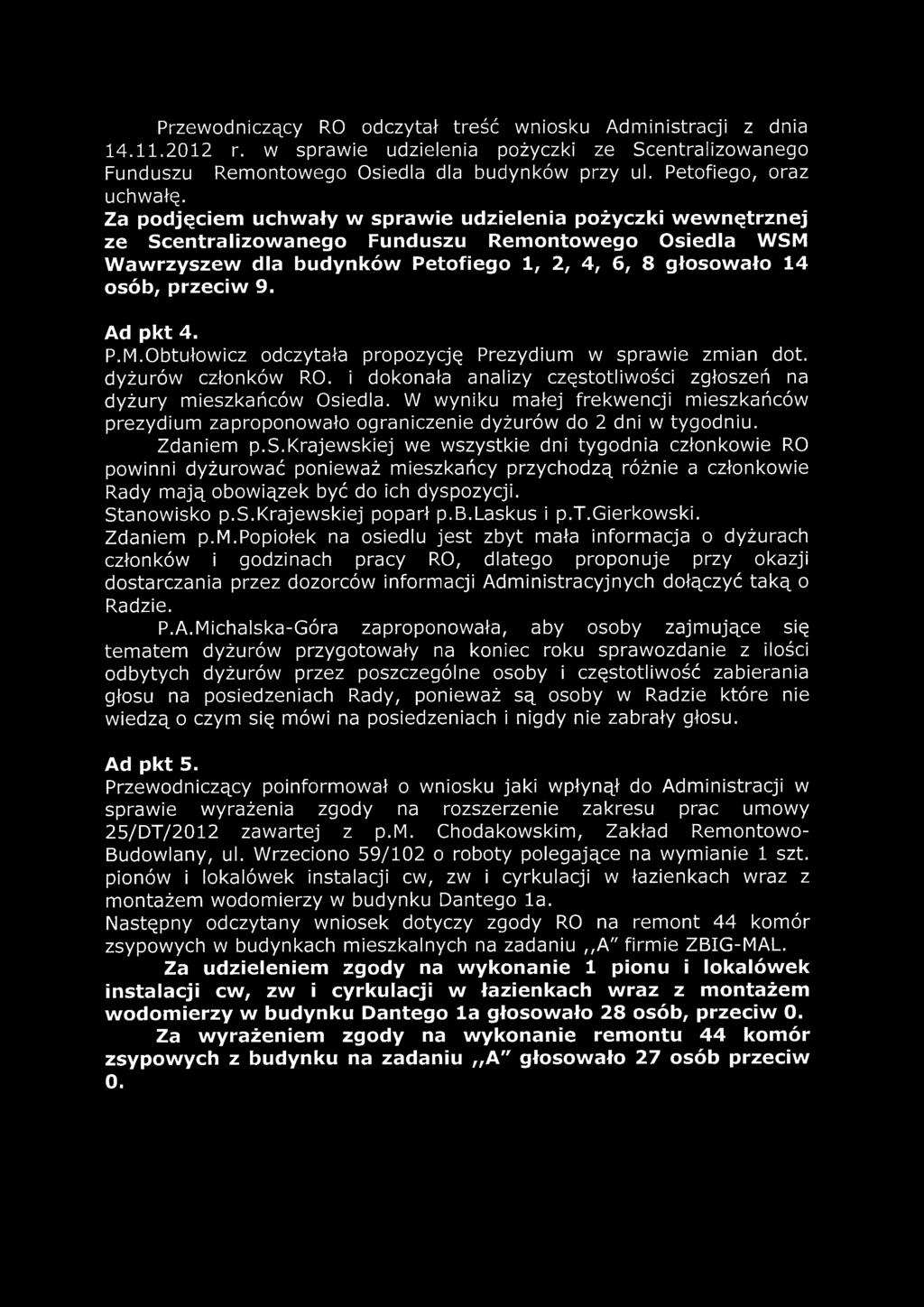 Za podjęciem uchwały w sprawie udzielenia pożyczki wewnętrznej ze Scentralizowanego Funduszu Remontowego Osiedla WSM Wawrzyszew dla budynków Petofiego 1, 2, 4, 6, 8 głosowało 14 osób, przeciw 9.