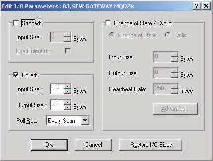 Na liście scan kliknąć podwójnie na symbolu urządzenia, dla którego ustawiana będzie długość PD. Otworzy się okno parametrów I/O.