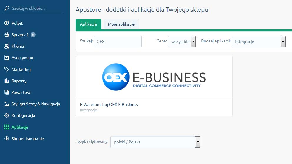 Krok 1. Instalacja wtyczki Pierwszym krokiem uruchamiającym integrację jest instalacja wtyczki E-Warehouse OEX E-Business dla Shoper.pl w panelu administracyjnym sklepu.