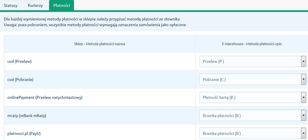 Dostępne wybory to: Przelew (P) Pobranie (C) Bramka płatności (B) Płatność kartą (K) Akceptowane będą jedynie zamówienia ze