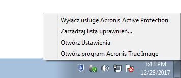 Obszar powiadomień paska zadań systemu Windows Narzędzie Acronis Active Protection ma swoją własną ikonę w obszarze powiadomień paska zadań.