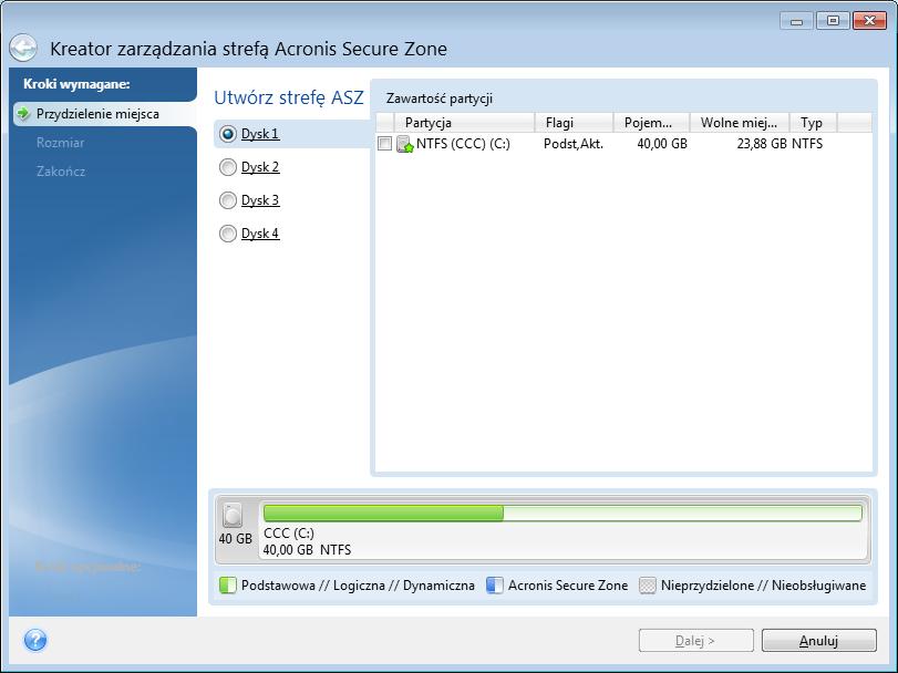 12.4.2 Lokalizacja strefy Acronis Secure Zone Tworzenie strefy Acronis Secure Zone Aby określić lokalizację strefy Acronis Secure Zone: 1.