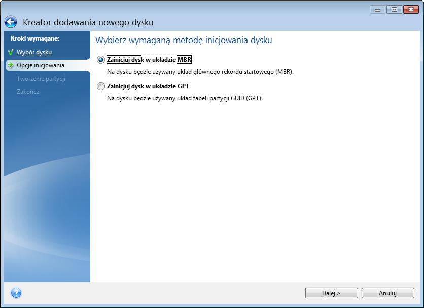 12.5.2 Wybór metody inicjowania Program Acronis True Image 2019 obsługuje zarówno metodę partycjonowania MBR, jak i GPT.