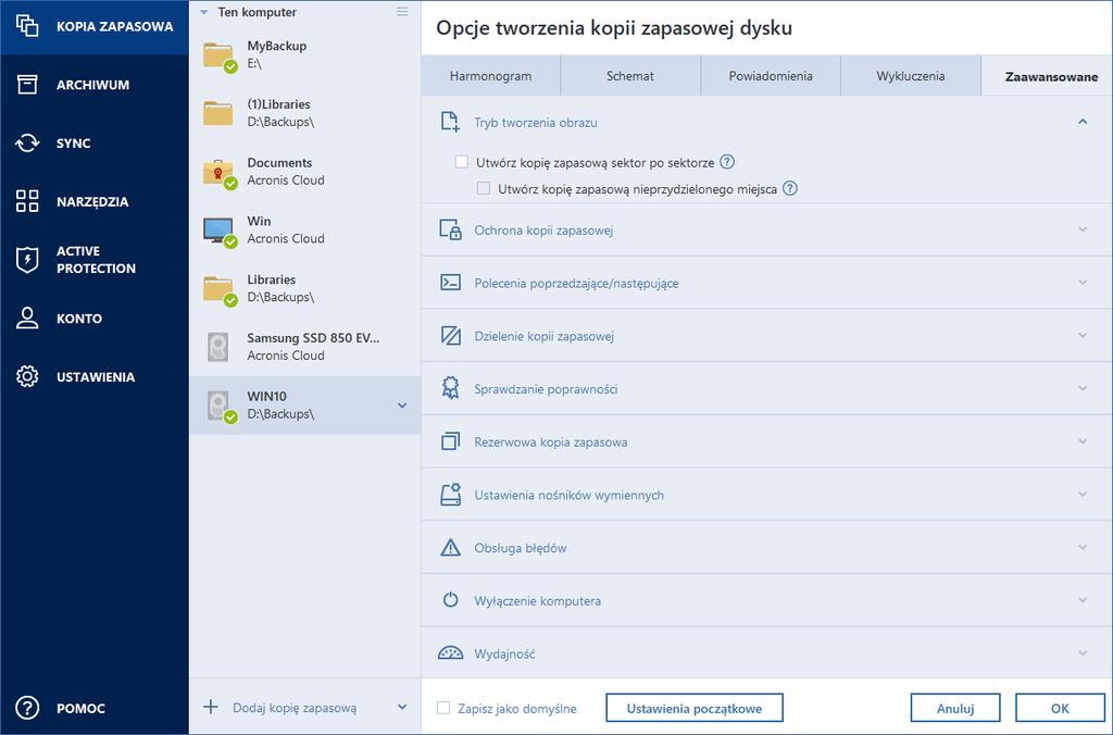 4.7 Opcje tworzenia kopii zapasowych Tworząc kopię zapasową, można zmienić dodatkowe opcje tego procesu i szczegółowo go skonfigurować.