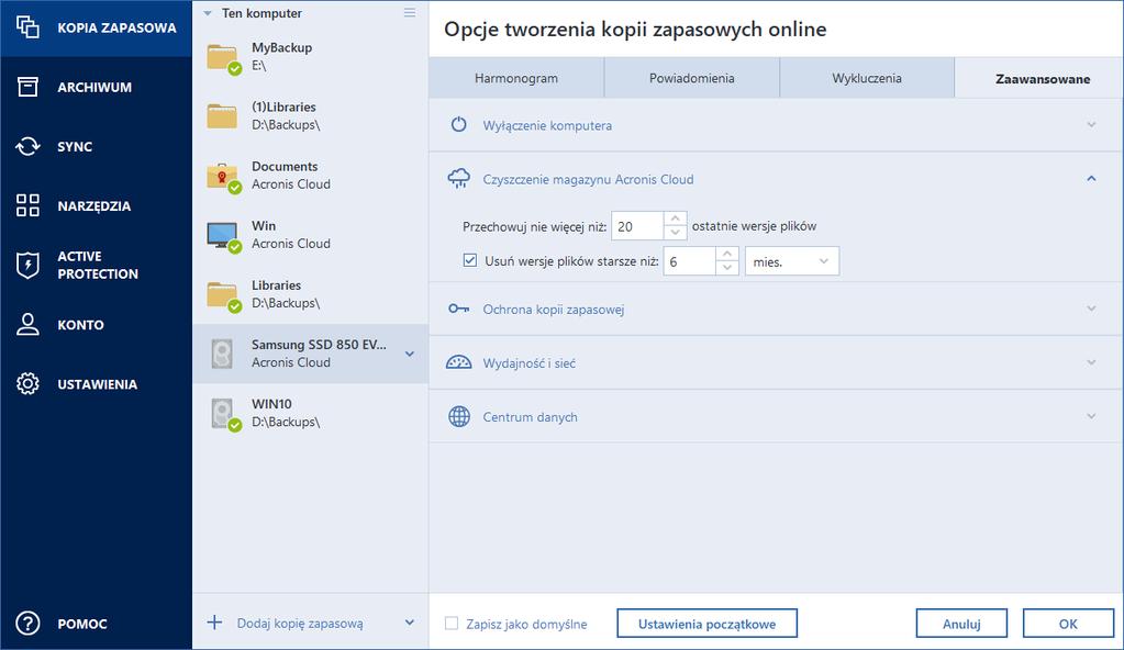 Aby zoptymalizować wykorzystanie miejsca w magazynie Acronis Cloud, można skonfigurować ustawienia jego czyszczenia.
