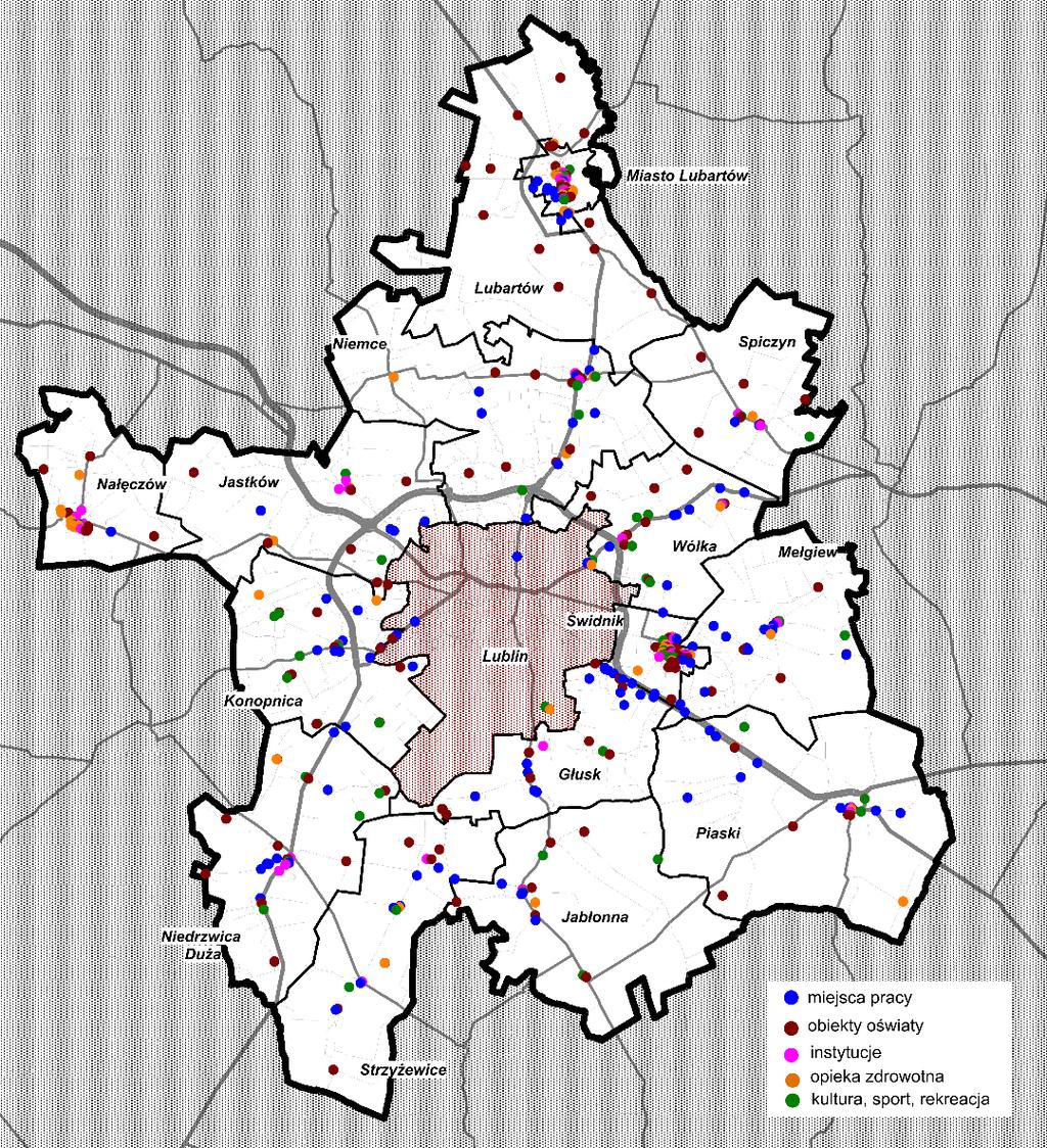Plan mobilności lubelskiego obszaru funkcjonalnego na lata 2017-2025 Rys. 4.1. Lokalizacja głównych generatorów ruchu w gminach LOF (poza miastem Lublin). Rys. 4.2. Intensywność głównych generatorów ruchu w poszczególnych gminach LOF (poza miastem Lublin).