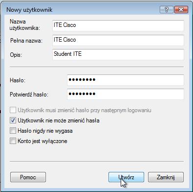 Wprowadź następujące informacje dotyczące konta: Nazwa użytkownika: ITE Cisco Pełna nazwa: ITE Cisco Opis: