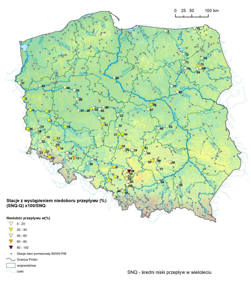 5. Procentowy niedobór przepływu SNQ na rzekach Polski (w dniu 26 czerwca 2018 r.