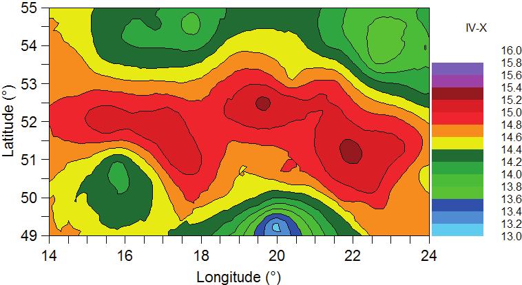 Maps of soil temperature in Poland for individual months (IX-XII), growing season (IV-X), course of the year (I-XII) and amplitude Charakterystyczne rozkłady temperatury gleby wystąpiły w okresie