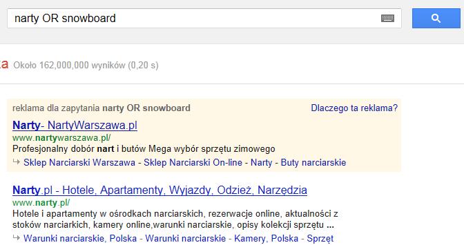 Operator LUB (OR) Wpisujemy między poszukiwanymi frazami operator