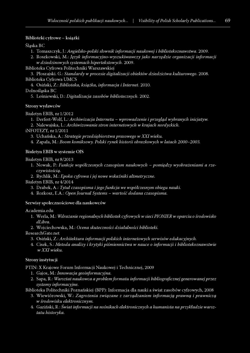 ; Jęz y k inform acyjno-w yszukiw aw czy ja k o n a rz ęd z ie org an izacji in form acji w dziedzinow ych system ach hipertekstow ych. 2009. Biblioteka Cyfrowa Politechniki Warszawskiej 3.