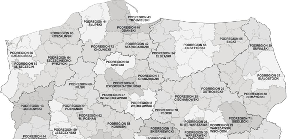 Ocena spójności terytorialnej 217 Rysunek 1. obrazuje podział terytorium Polski na 72 podregiony. Podział Polski na poziomie NTS 3 (podregiony) RYSUNEK 1. Źródło: [http://stat.gov.