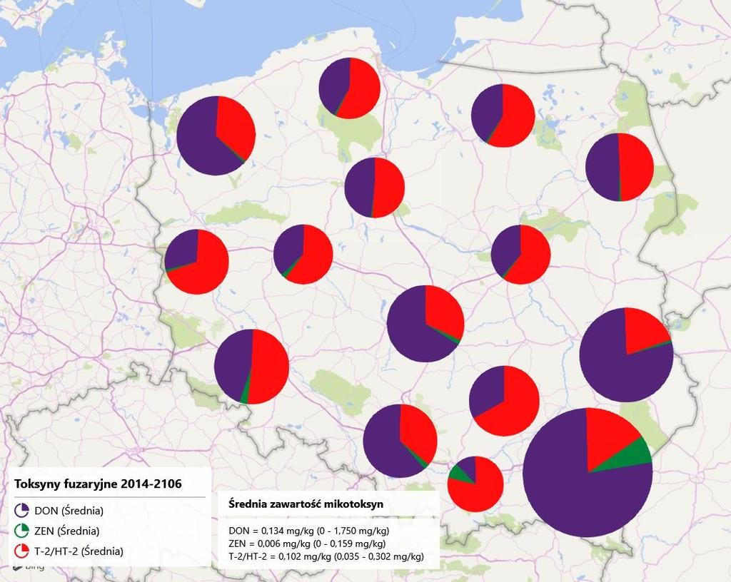 Najwięcej DON stwierdzono w próbach ziarna z województw - podkarpackiego, lubelskiego, zachodniopomorskiego, łódzkiego i śląskiego. Najmniej w próbach ziarna z województwa małopolskiego.