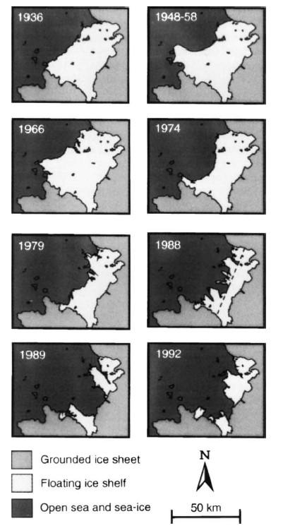 Bariery lodowe Półwyspu Antarktycznego A Larsen B C Wordie Stan barier lodowych i średnie temperatury roczne sprzed 1981 r.