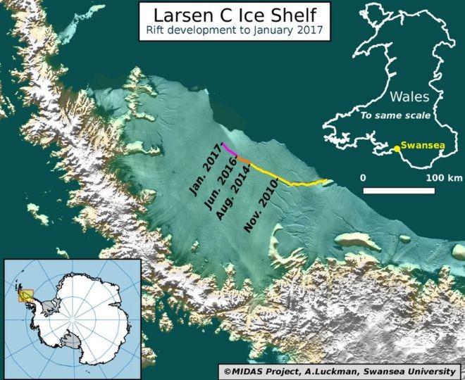 Larsen-C rozpada się w 2017 roku Szczelina w barierze lodowej Larsen-C osiągnęła już prawie 90 km długości i 500 m szerokości.