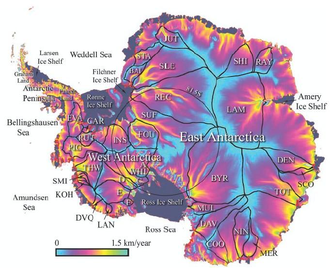Strumienie lodowe całej Antarktydy Strumienie lodowe poruszają się nawet z prędkością 1500 m/rok.