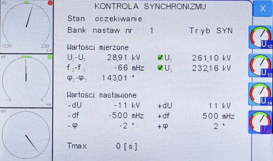 Rys. 4.7. Przykładowy widok okna głównego stacji 1,5 wyłącznikowej. Synchronizator SS-07 na bieżąco sprawdza i przesyła do modułu TS-20 parametry poszczególnych elementów sieci.