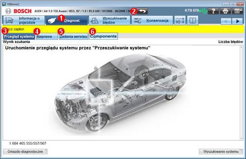 Diagnostyka (KTS 5xx / KTS 6xx) Precyzyjna i oczywista identyfikacja układów zamontowanych w pojeździe oraz ich diagnostyka. Przeprowadzanie diagnostyki Diagnostyka. ESI[tronic] 2.