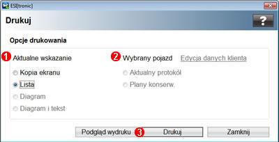 Menu drukowania Można tu drukować aktualny widok ekranu, poszczególne elementy aktualnego widoku ekranu (np. listy, wykresy), aktualny protokół lub plany konserwacji dla wybranego pojazdu.