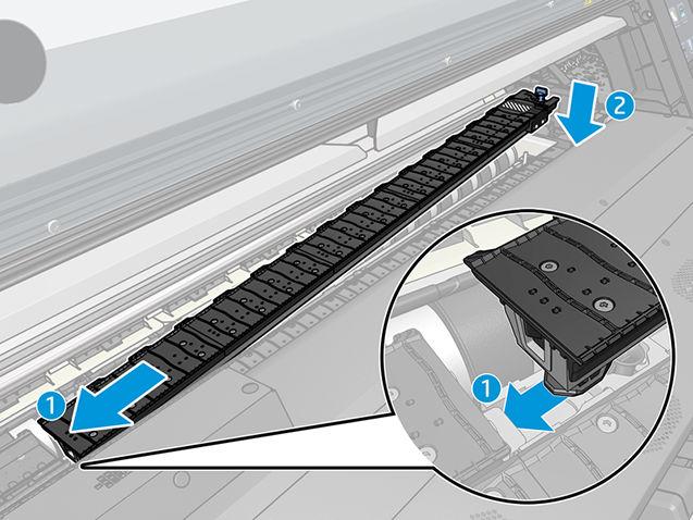 2. Wsuń uchwyt krawędziowy na moduł płyty lub kolektora atramentu i ustaw w prawidłowym położeniu: po lewej stronie w pozycji skrajnej; po prawej stronie w pozycji skrajnej. 3.