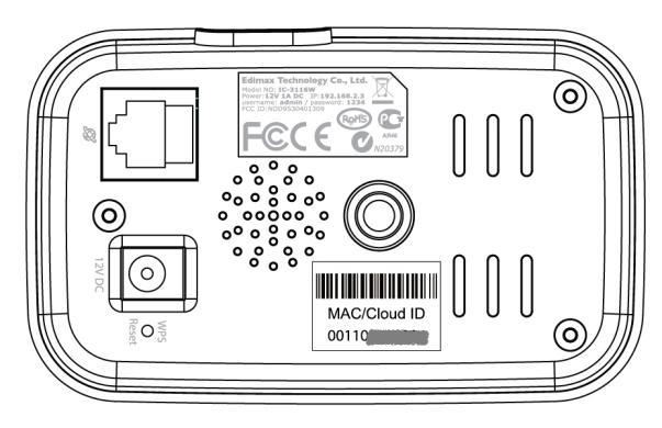 I-5. Etykieta Produktu Na znajdującej się pod spodem kamery sieciowej etykiecie produktu znajduje się jej adres MAC, ID usługi Cloud oraz nazwa sieci (SSID) domyślnej.