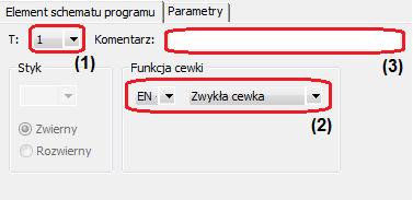 Rys. 3.7. Zakładka ELEMENT SCHEMATU PROGRAMU dla cewki przekaźnika czasowego Zakładka PARAMETRY (rys. 3.8.) pozwala na wybór rodzaju pracy przekaźnika czasowego (4).