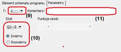 W zakładce ELEMENT SCHEMATU PROGRAMU (rys. 3.10.) wybiera się numer przekaźnika czasowego (9) oraz rodzaj jego styku (10): zwierny lub rozwierny. Można również dodać komentarz (11).