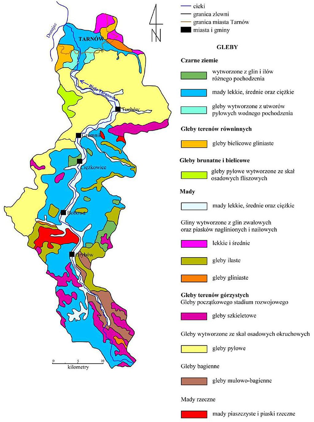 Rys. 2. Rozmieszczenie gleb w zlewni rzeki Biała Tarnowska Fig. 2. Soil placement in the Biala Tarnowska river s water catchment z oczyszczalni ścieków, ścieki komunalne.