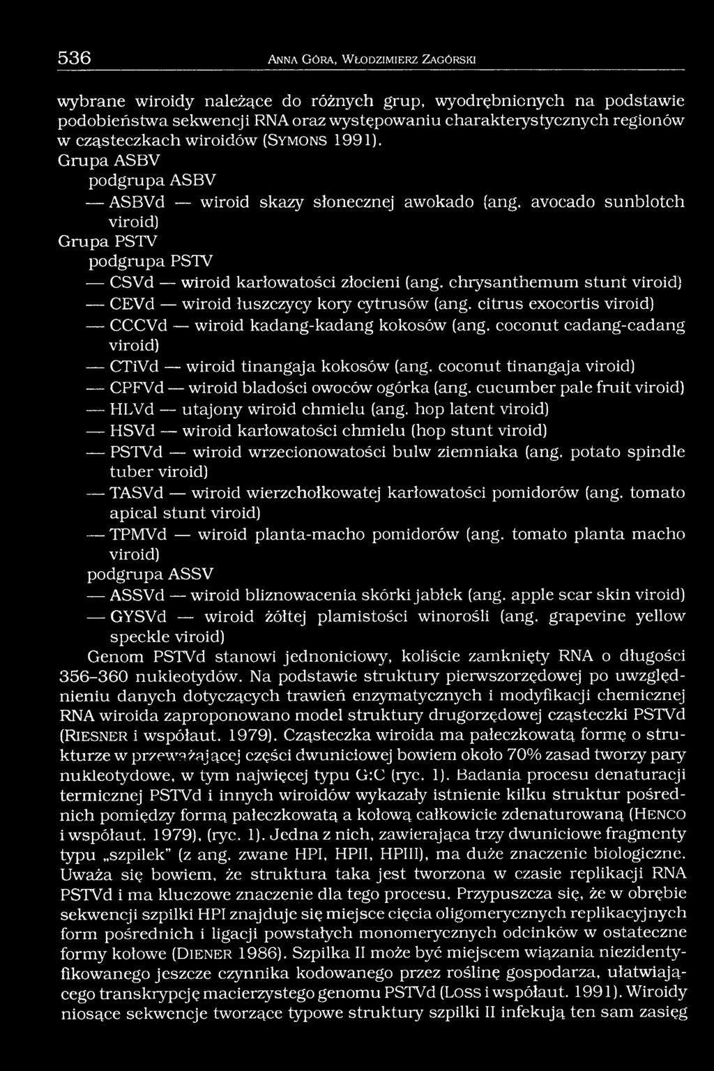 avocado sunblotch viroid) Grupa PSTV podgrupa PSTV CSVd wiroid karłowatości złocieni (ang. chrysanthemum stunt viroid) CEVd wiroid łuszczycy kory cytrusów (ang.