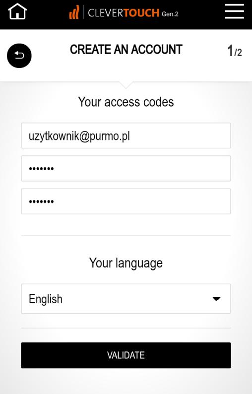 Tworzenie konta w aplikacji CleverTouch 1.