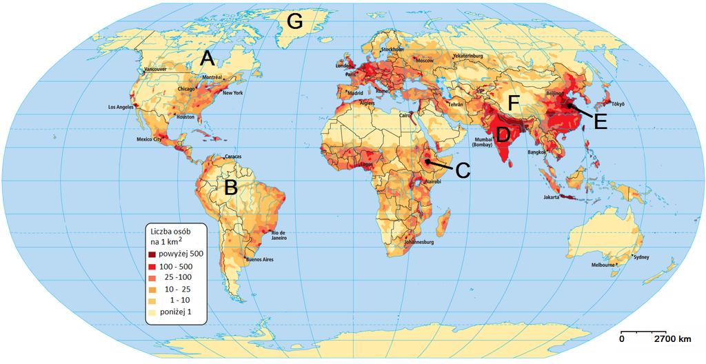 Zadanie 5. Na mapie gęstości zaludnienia literami A G zaznaczono regiony o korzystnych lub mało korzystnych warunkach dla zamieszkania. Na podstawie: http://galleryhip.com/population-of-the-world.