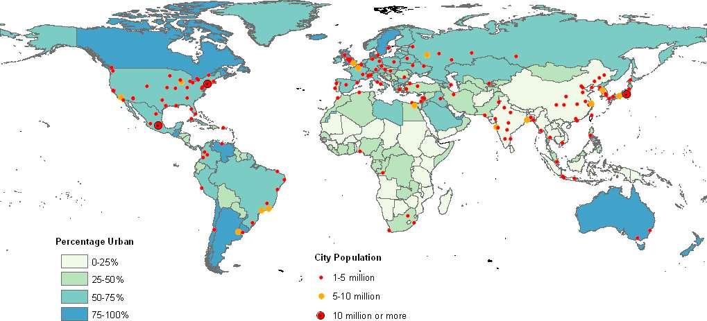 Procesy ludnościowe urbanizacja Udział ludności miejskiej, 1975 Źródło: World Urbanization Prospects, The 2009 Revision, United Nations, New York, 2010.
