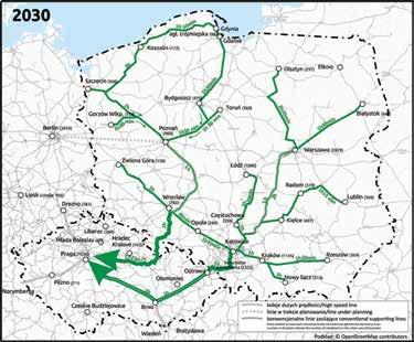 Rys. 6. Czasy przejazdu z miast polskich do Pragi i Ostrawy po wybudowaniu nowych linii dużych prędkości oraz po realizacji planowanych modernizacji linii konwencjonalnych Źródło: oprac. T. Bużałek.