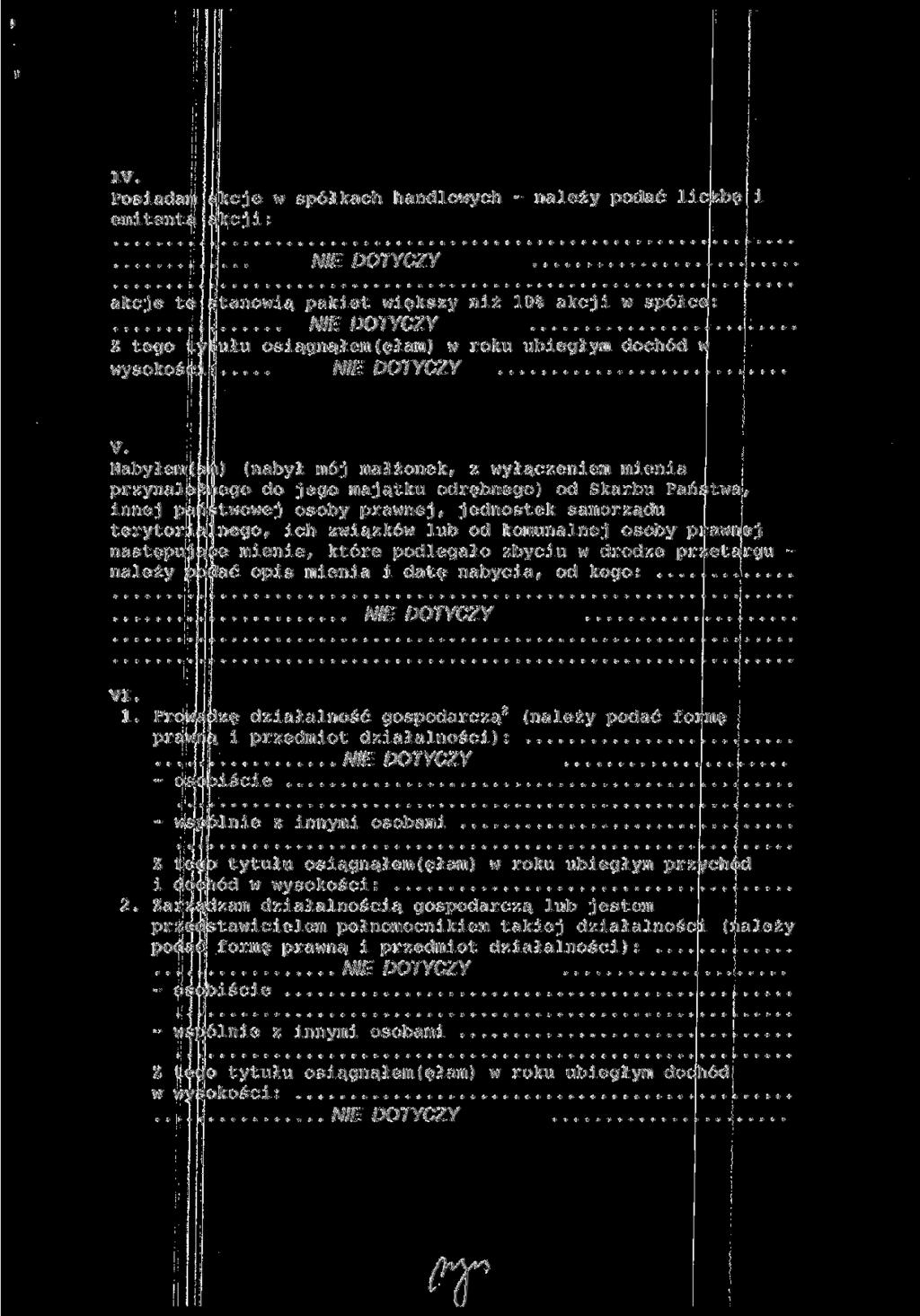 IV. Posiadam akcje w spółkach handlowych emitenta akcji: - należy podać liczbę i akcje te stanowią pakiet większy niż 10% akcji w spółce: Z tego tytułu osiągnąłem(ęlam) w roku ubiegłym dochód w v.