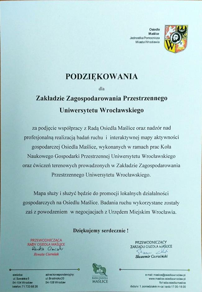 Koła Naukowego Gospodarki Przestrzennej Uniwersytetu Wrocławskiego z jednostką pomocniczą miasta.